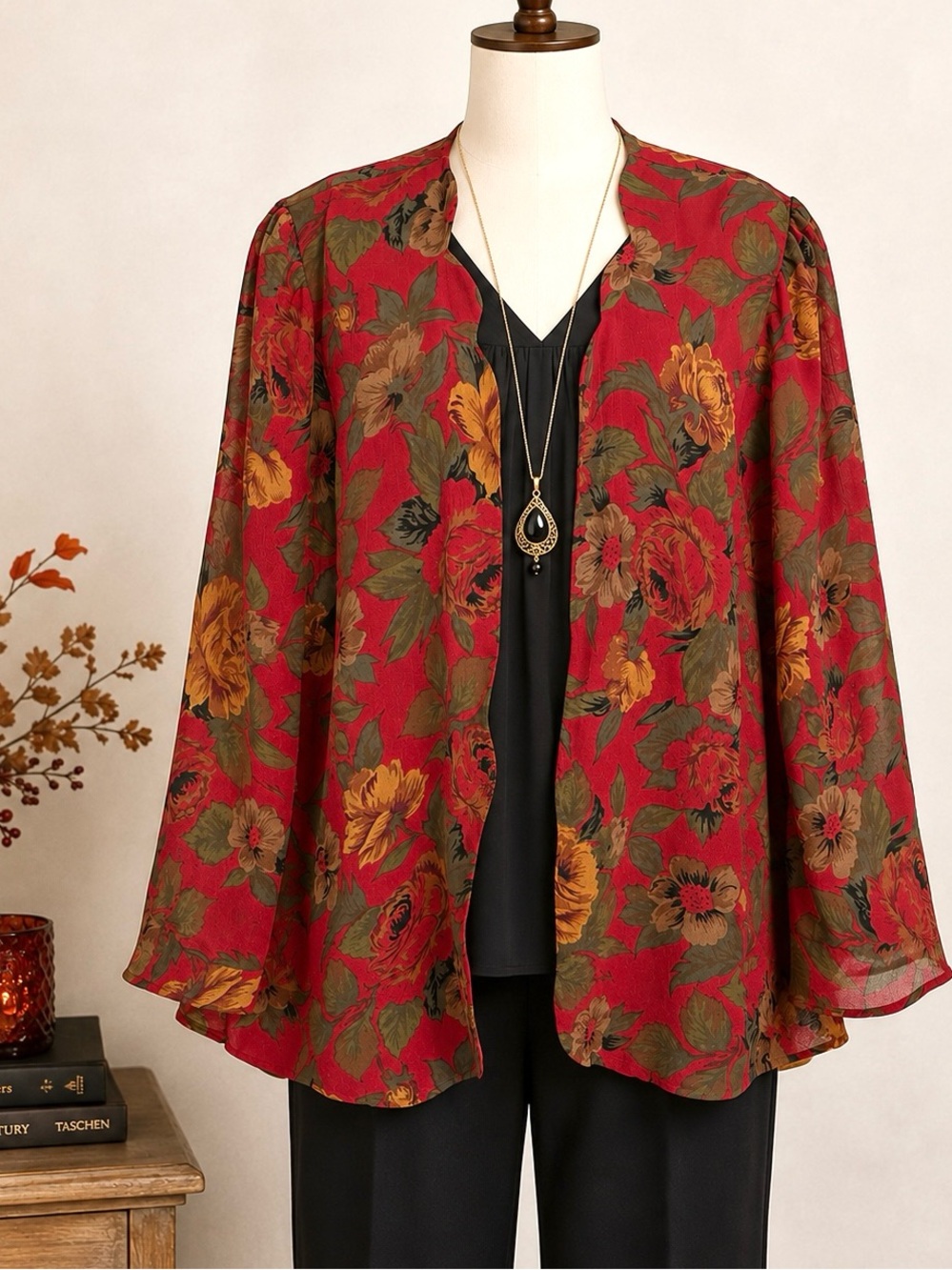 Vintage Long Rose Floral Chiffon Open Front Jacket 1X